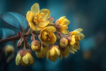 Aufkleber - Vibrant yellow flowers blooming against a blurred turquoise background during spring