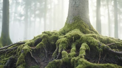 Aufkleber - A solitary tree stands tall amidst the misty atmosphere of a dense forest, its trunk and branches shrouded in lush green moss