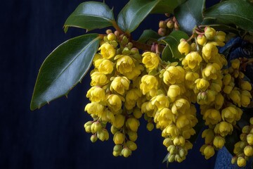 Aufkleber - Yellow flowers bloom in clusters against a dark backdrop showcasing nature's vibrant beauty in spring