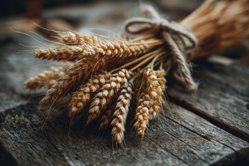 Aufkleber - Wheat bundle rests atop rustic wooden surface, capturing a moment of agricultural beauty and craftsmanship