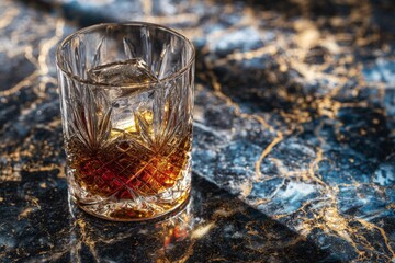 Poster - Crafting a rich whiskey cocktail served with ice on a textured blue marble surface in a cozy bar setting