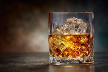 Poster - Whiskey glass filled with ice and amber liquid on a dark background capturing the essence of a relaxing evening experience