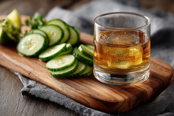 Aufkleber - Refreshing cocktail served with fresh cucumber slices on a wooden board