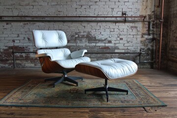 Leinwandbilder - Comfortable modern chair and ottoman in a rustic interior space showcasing design elements and elegance