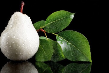 Poster - Fresh pear with droplets resting on green leaves against a black background reveals natural beauty and vibrant colors