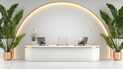 Poster - Modern reception area features white desk computers and plant decor