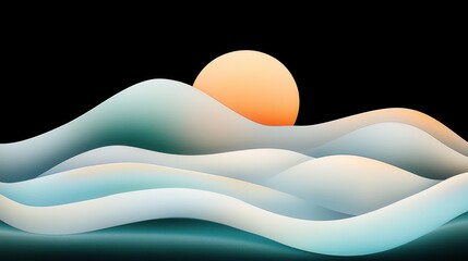 Poster - An abstract landscape with layered waves and a glowing sun