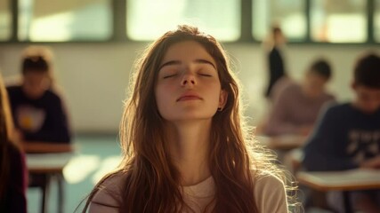 Poster - A girl sits in a classroom with her eyes closed, surrounded by educational tools