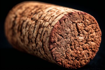 Poster - Close-up view of a natural cork wine stopper on a dark background showcasing its texture and details