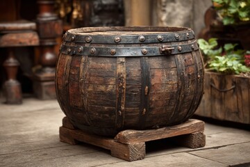 Poster - Rustic wooden barrel resting on a wooden platform in an antique shop setting with surrounding decor elements