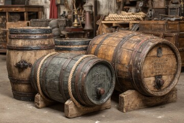 Poster - Rustic wooden barrels arranged in a vintage warehouse setting showcasing their unique textures and craftsmanship