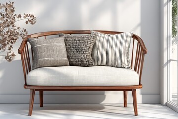 Poster - Stylish wooden sofa with decorative pillows in modern interior setting
