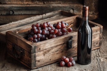 Poster - Fresh grapes and a wine bottle resting in a rustic wooden crate on a weathered table