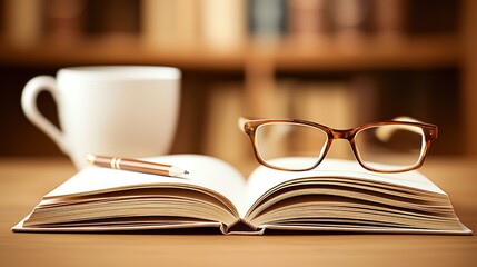 Poster - Glasses pen book and mug arranged on a wooden surface
