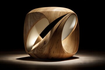 Poster - Unique wooden sculpture with elegant curves and soft lighting showcasing artistic craftsmanship in an indoor space