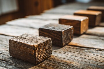 Aufkleber - Wooden blocks arranged in a row on a rustic wooden table creating an artistic display of texture and color variations