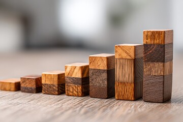 Fototapete - Wooden blocks arranged in a rising bar chart on a table showcasing growth and progress in a modern workspace