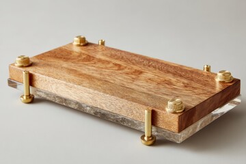 Leinwandbilder - Wooden serving platter with brass accents and clear acrylic base highlighted on a neutral background
