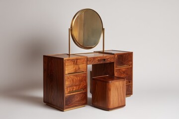 Aufkleber - Beautiful modern vanity set with round mirror and wooden finish, ideal for stylish bedrooms and dressing areas, enhancing elegance in decor