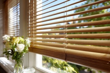 Poster - Bright sunlight streams through wooden blinds illuminating a vase of fresh flowers on a windowsill in a cozy home setting