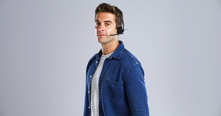 Aufkleber - Portrait, man and call center agent in studio with communication, contact us and CRM. Mockup space, help desk or inbound with customer service, consultant and headset for advice on white background