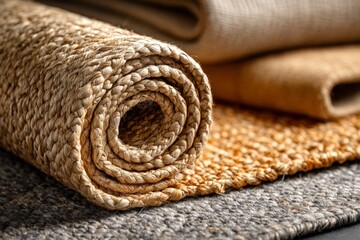 Poster - Various textured rugs display intricate patterns and natural fibers on a soft surface in a cozy interior setting