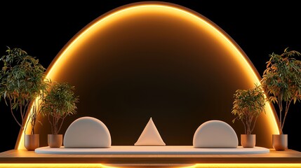 Aufkleber - Stage with geometric shapes illuminated by curved neon light