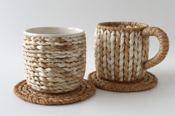 Aufkleber - Handcrafted woven mugs with coasters in natural tones showcasing artisanal design