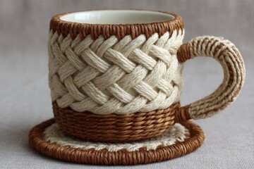 Aufkleber - Decorative woven coffee cup with matching coaster showcasing intricate craftsmanship and design