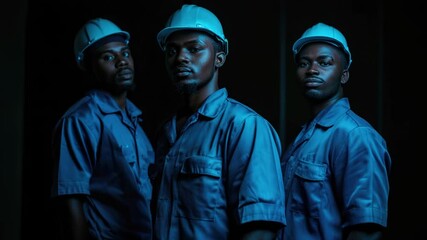 Poster - Three men in hard hats stand together in a dimly lit room, likely awaiting instructions or discussing a project