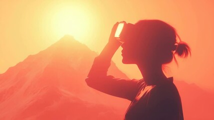 Poster - A woman stands on a mountain peak, gazing out at the rising sun