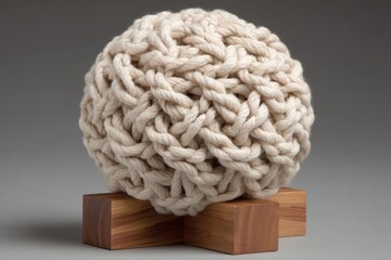 Poster - Knitted decorative sphere resting on a wooden stand showcasing intricate craftsmanship and cozy textures