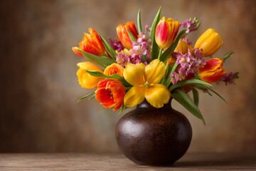 Poster - Colorful spring bouquet of tulips and flowers arranged in a dark ceramic vase on a wooden surface in a warm setting