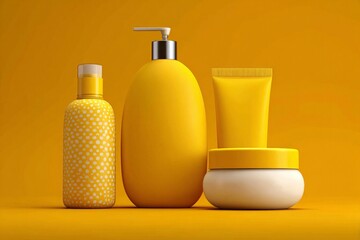 Aufkleber - Bright yellow skincare products arranged on a vibrant yellow backdrop creating an energizing and cheerful atmosphere