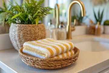 Poster - Soft yellow striped towels neatly arranged in a woven basket on a modern countertop with plants in a bright kitchen
