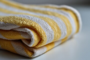 Poster - Soft yellow and white striped towel folded neatly on a surface in a bright indoor setting