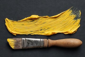 Aufkleber - Bright yellow paint spread on slate surface with brush during creative project