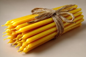 Leinwandbilder - Yellow beeswax candles bundled with twine showcasing a simple yet elegant design suitable for various occasions