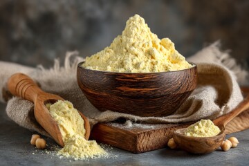 Poster - Chickpea flour in wooden bowls with scoops on rustic table
