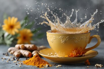 Poster - Splashing turmeric tea creates vibrant scene with flowers and spices on table