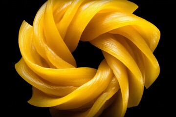 Poster - Bright yellow twisted ribbon sculpture displayed against a black background in a contemporary art setting