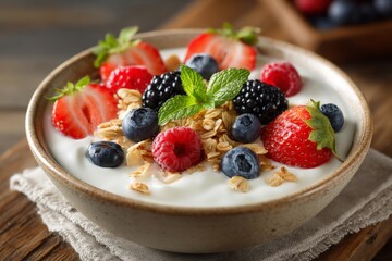 Poster - Delicious yogurt bowl topped with fresh berries and granola for a healthy breakfast or snack