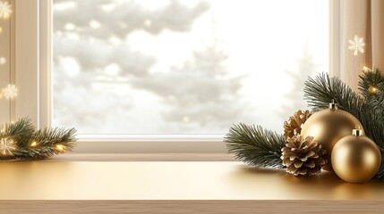 Poster - Christmas ornaments and pine cones are displayed on windowsill