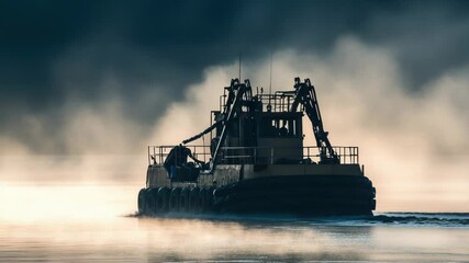 Poster - A tug boat navigating through calm waters, suitable for use in marine-themed designs or as a symbol of industry