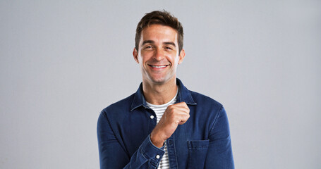Aufkleber - Happy, man and thinking with portrait in studio for planning, ideas and positive attitude. Mockup space, male person and smile for problem solving, good news and choice of solution on background