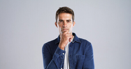 Aufkleber - Portrait, man and thinking with anger in studio for planning, ideas and doubt of fake news. Mockup space, male person and uncertain of problem solving, question decision and upset on white background