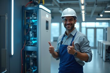 Poster - Tech-Savvy Technician Approves of Cutting-Edge AI-Driven Air Conditioning System in Modern Environment
