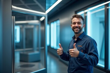 Poster - Futuristic Air Conditioning Unit with AI Technology: Technician Approves with Thumbs Up in Stylish Setting