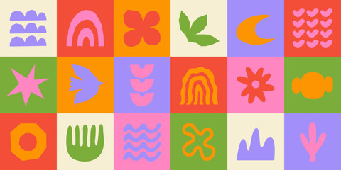 Fototapete - Abstract Geometric background with doodle groovy shapes. Childish playful forms. Trendy vector illustration