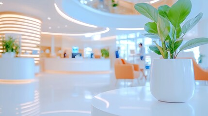 Poster - Potted plant sits atop a table in a modern lobby